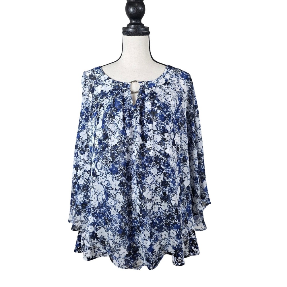 NY Collection Woman Floral Poncho Cape Overlay Blouse Blue Layered Keyhole 1X